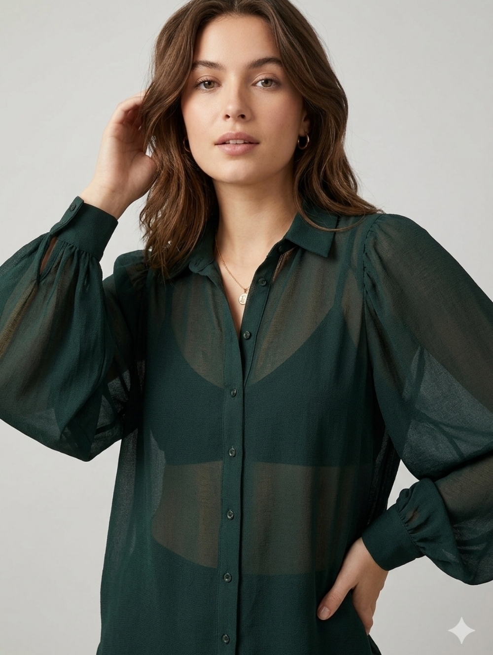 GRACE & MILA GREEN SHEER BLOUSE PUFF SLEEVES BUTTON FRONT SIZE SMALL